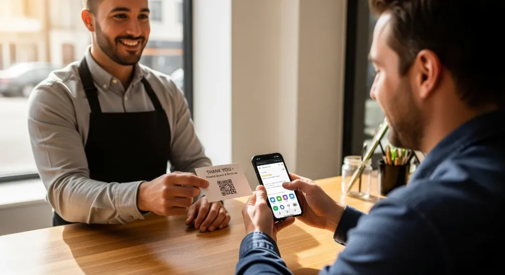 Male business owner giving customer a simple thank-you card with QR code for easy review