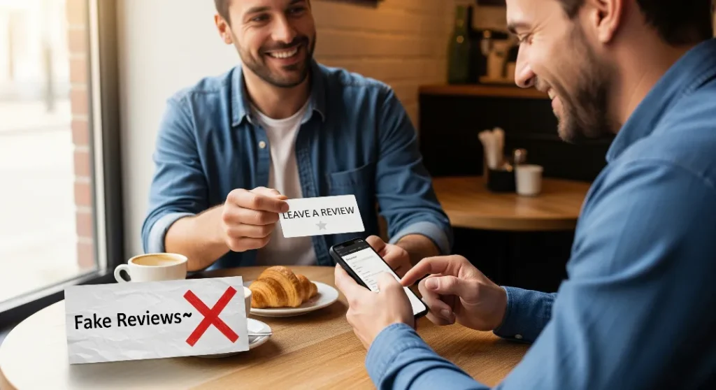 Male business owner encouraging customer to leave authentic review without fake or paid tactics