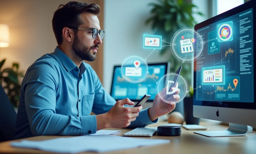 Business owner with voice assistant and AI SEO icons.