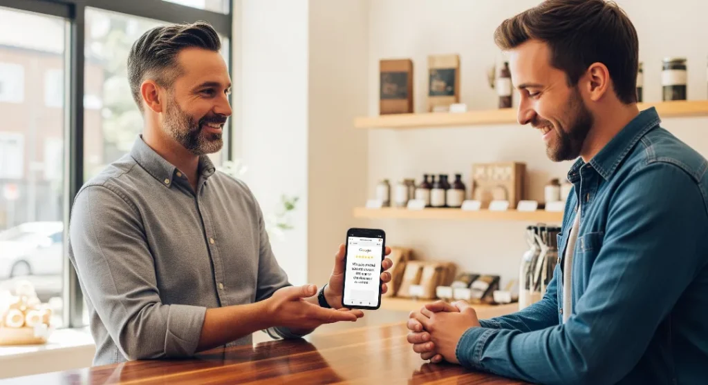 Male business owner asking customer for a genuine Google review in a natural, friendly way