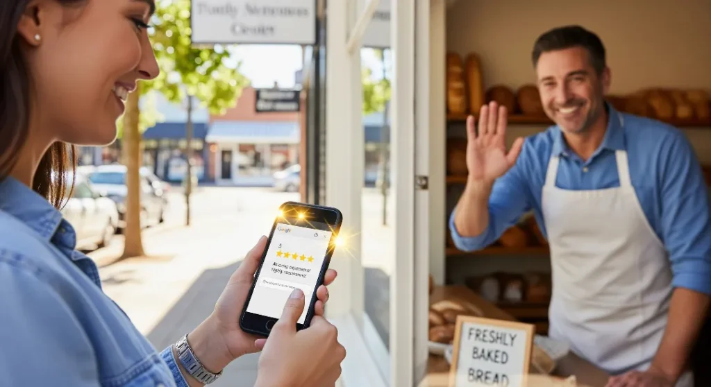 Customer leaving 5-star Google review for local business to boost trust and visibility