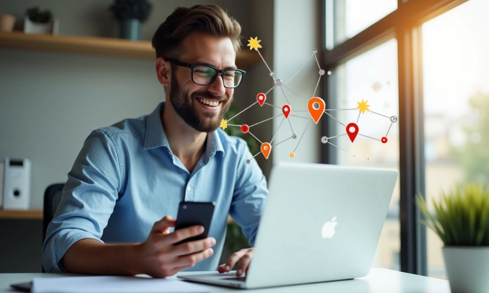 Business owner using laptop and phone with local SEO icons.