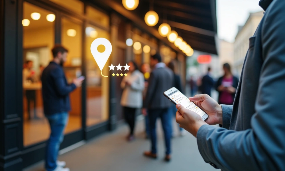 Business owner updating Google Profile with local SEO elements.