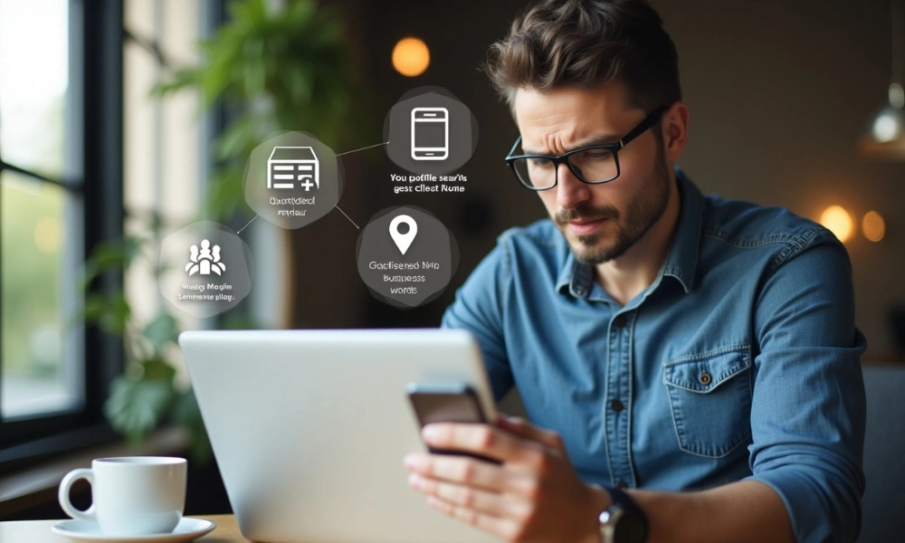 Business owner checking Google Profile with SEO mistake icons.