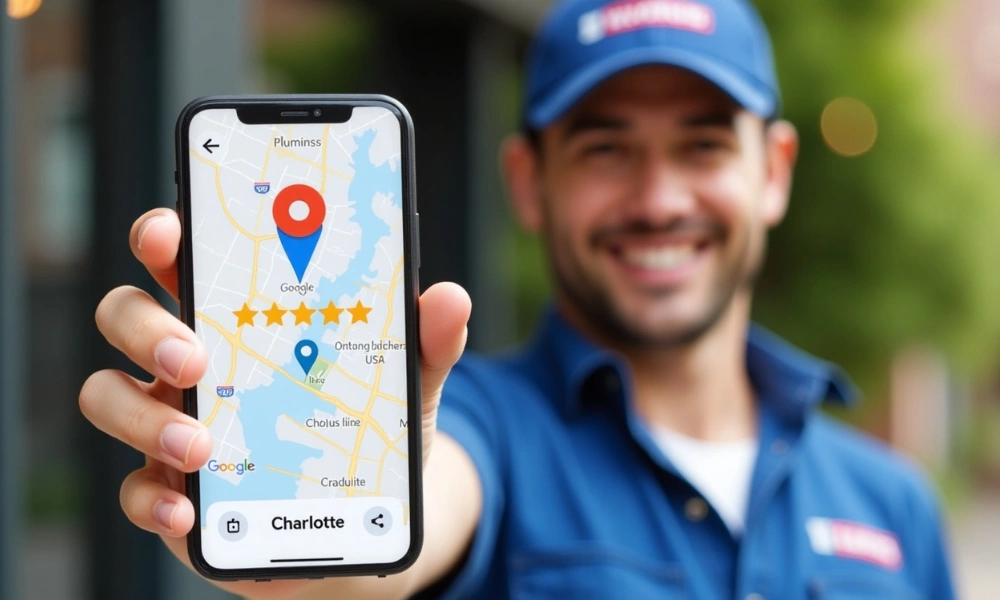 Plumber with phone showing Google Maps ranking and reviews.