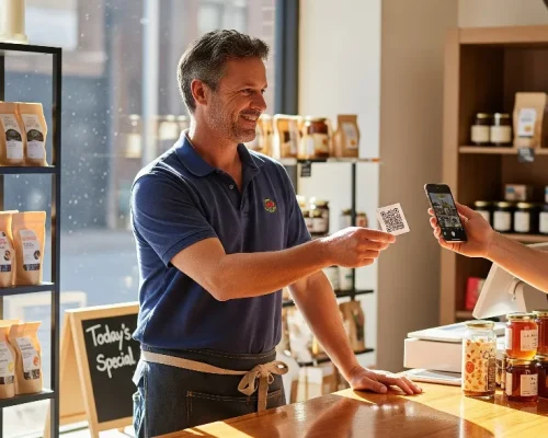 Male shop owner in real work clothes giving customer a QR code review card