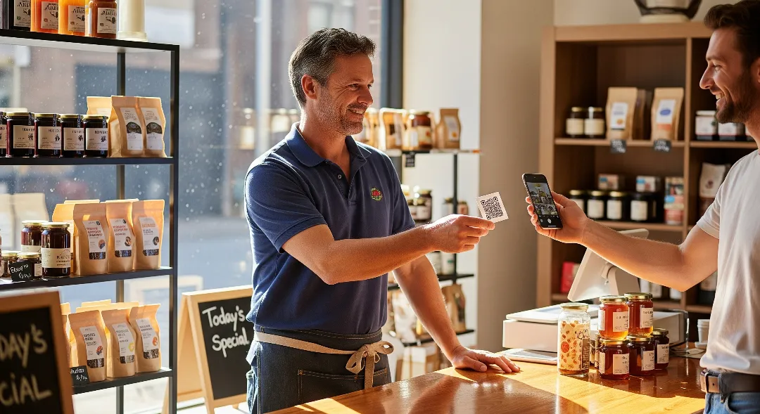 Male shop owner in real work clothes giving customer a QR code review card