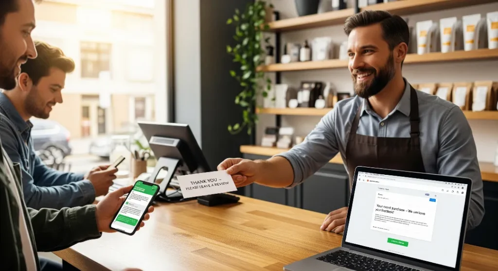 Male business owner asking customers for reviews through card, WhatsApp, and email