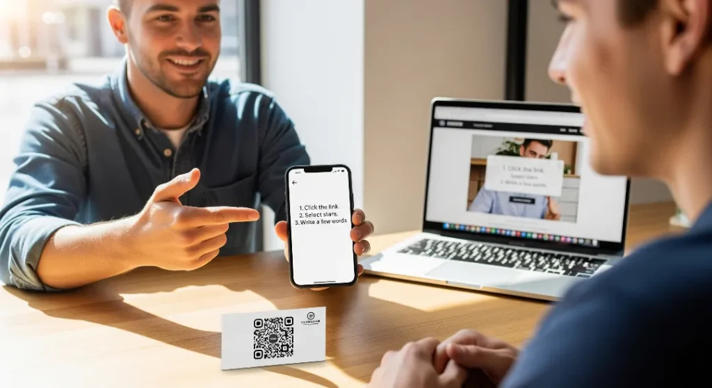 Male business owner guiding customer with step-by-step review link and QR code for easy feedback