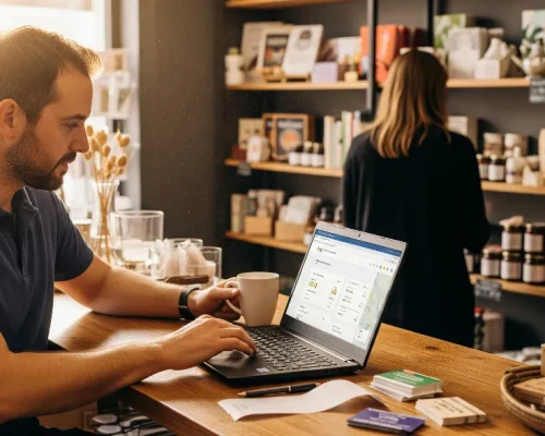 Shop owner checking Google Business Profile on laptop in real shop environment