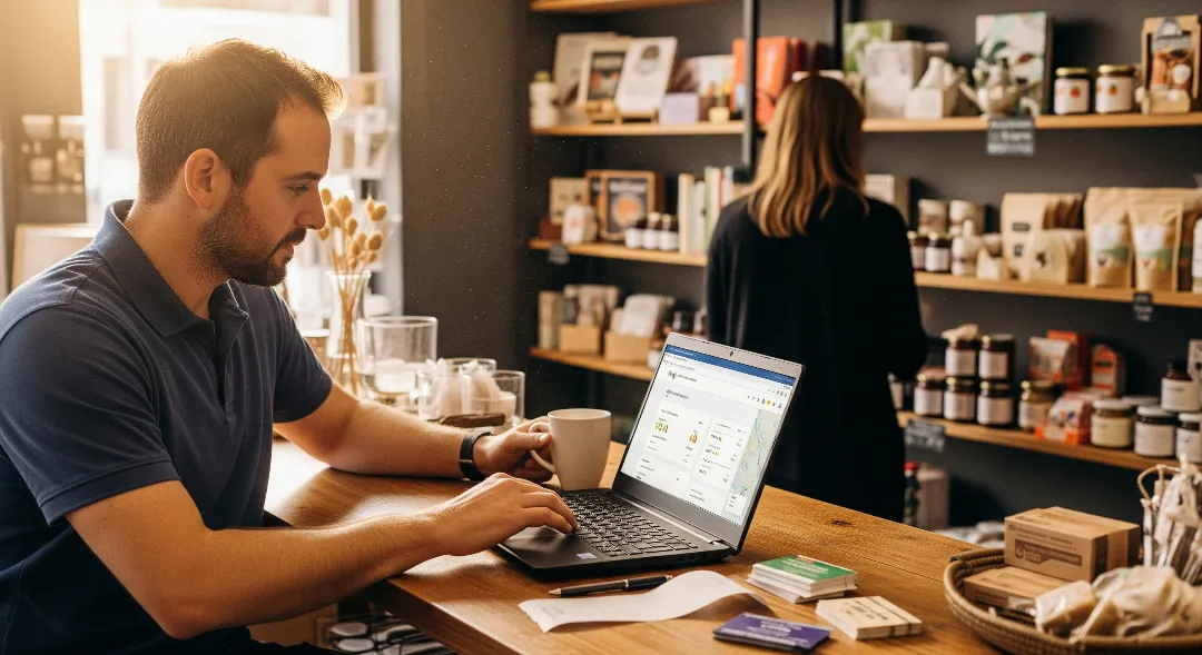 Shop owner checking Google Business Profile on laptop in real shop environment
